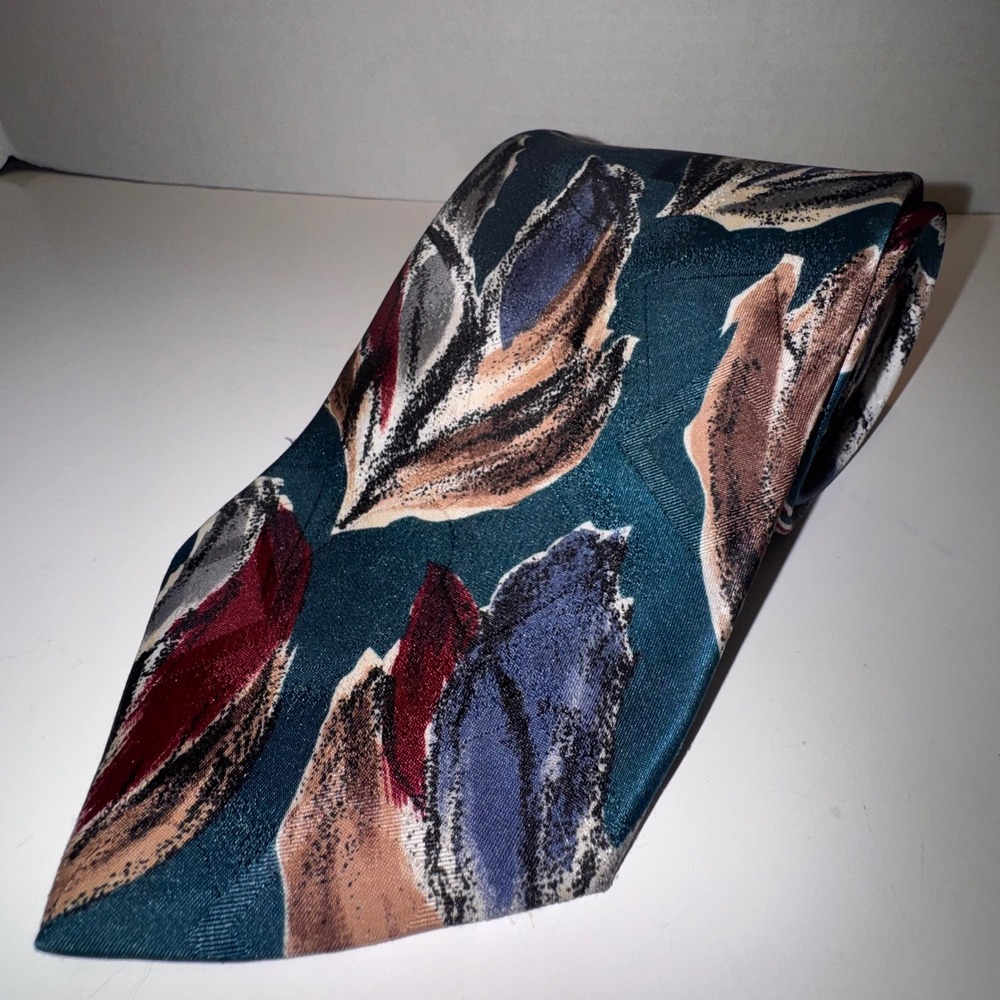 Johnny Carson Necktie Men Teal Burgundy Abstract Leaf Vintage TV Comedian